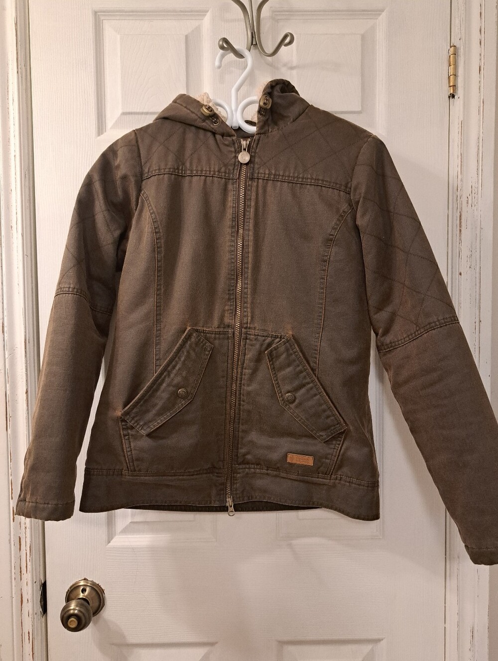 Women's Hooded Oil Skin Jacket in Dark Brown